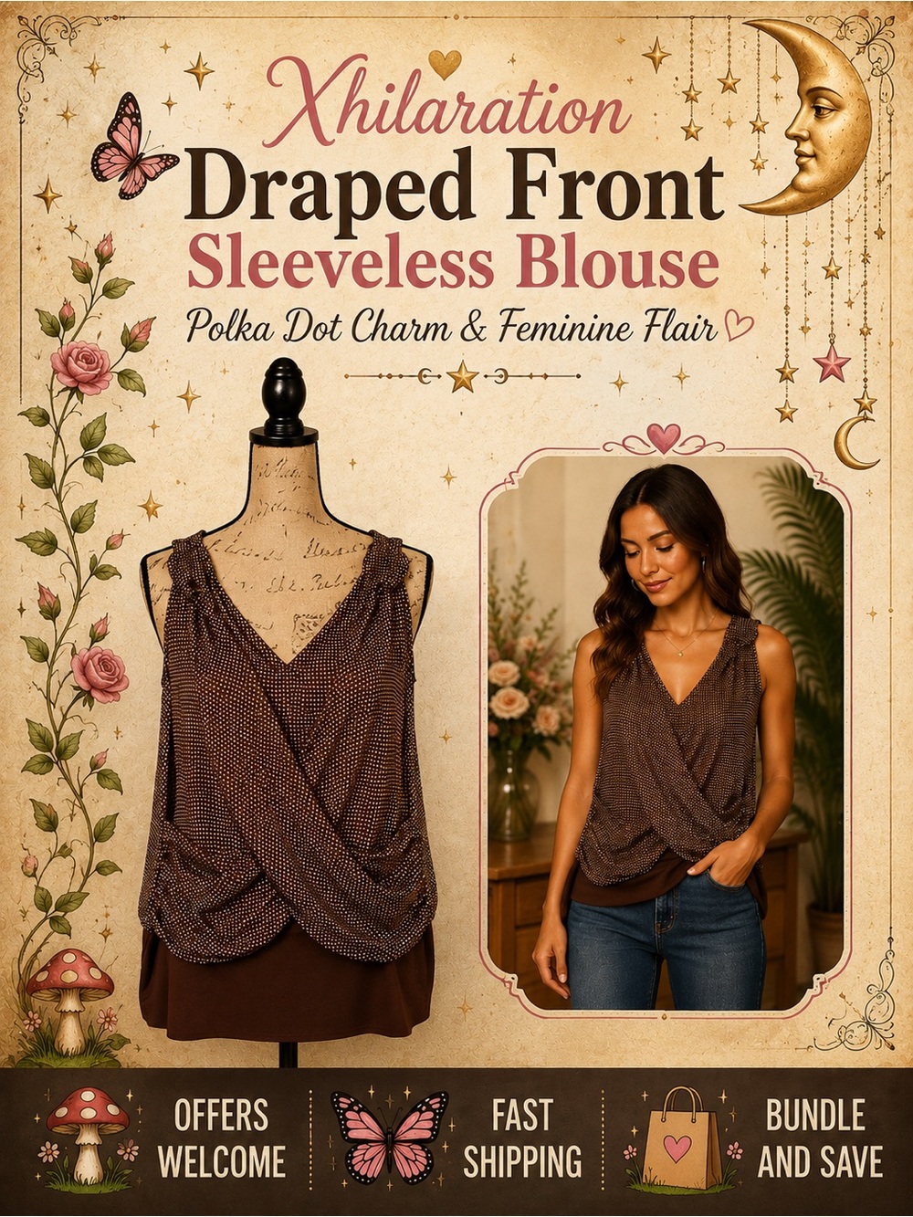 Xhilaration Brown Polka Dot Draped Front Sleeveless Blouse Sheer Top XSmall